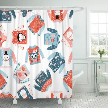 

Cartoon Cute Christmas with Ugly Sweaters in Blue Red and Pink Colors Kawaii Winter Drawings Cozy Shower Curtain Waterproof