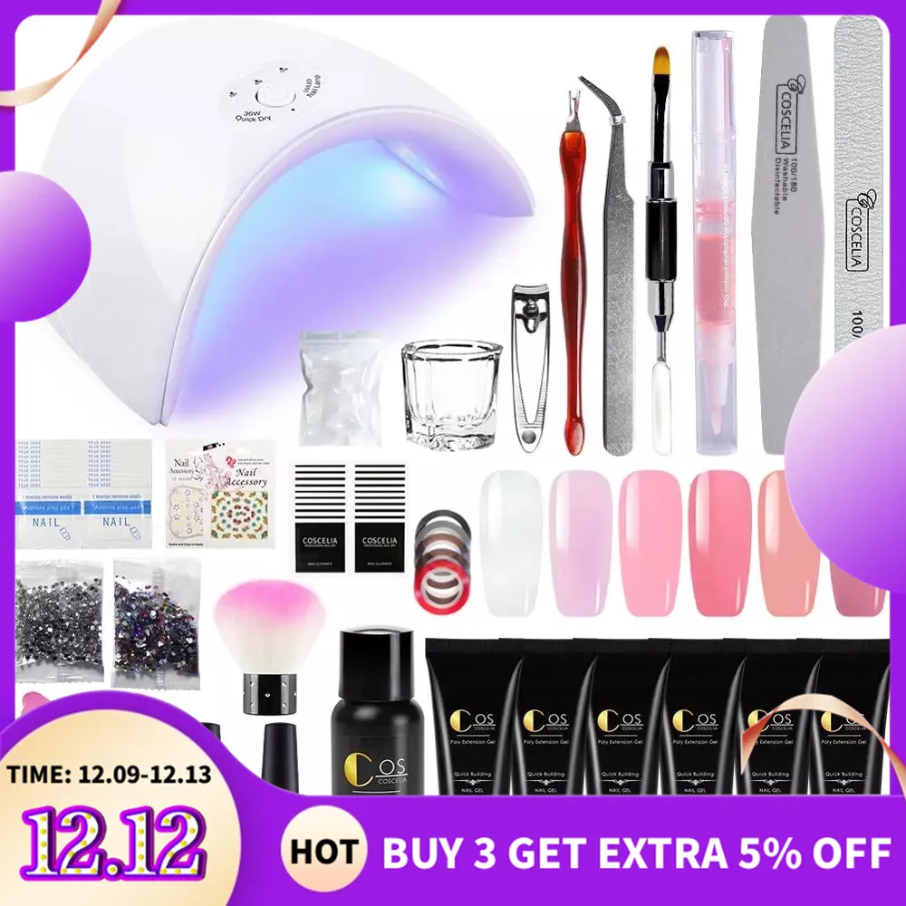 Cena COSCELIA zestaw do manicure Extend Builder Poly Gel zestawy Finger przedłużenie paznokci UV LED akrylowy żel odbudowujący lampa do paznokci kryształowa galaretka