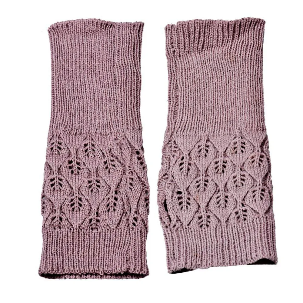 Вязаные перчатки с вырезами и листьями, зимние теплые толстые длинные перчатки без пальцев, однотонные удобные женские перчатки - Цвет: Purple