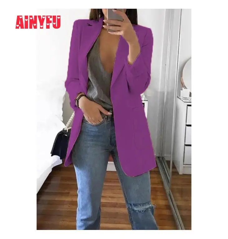 New  Ainyfu Solid Temperament Slim Suit Jacket Woman Turn-down Collar Office Lady Coats Long Sleeve Patc