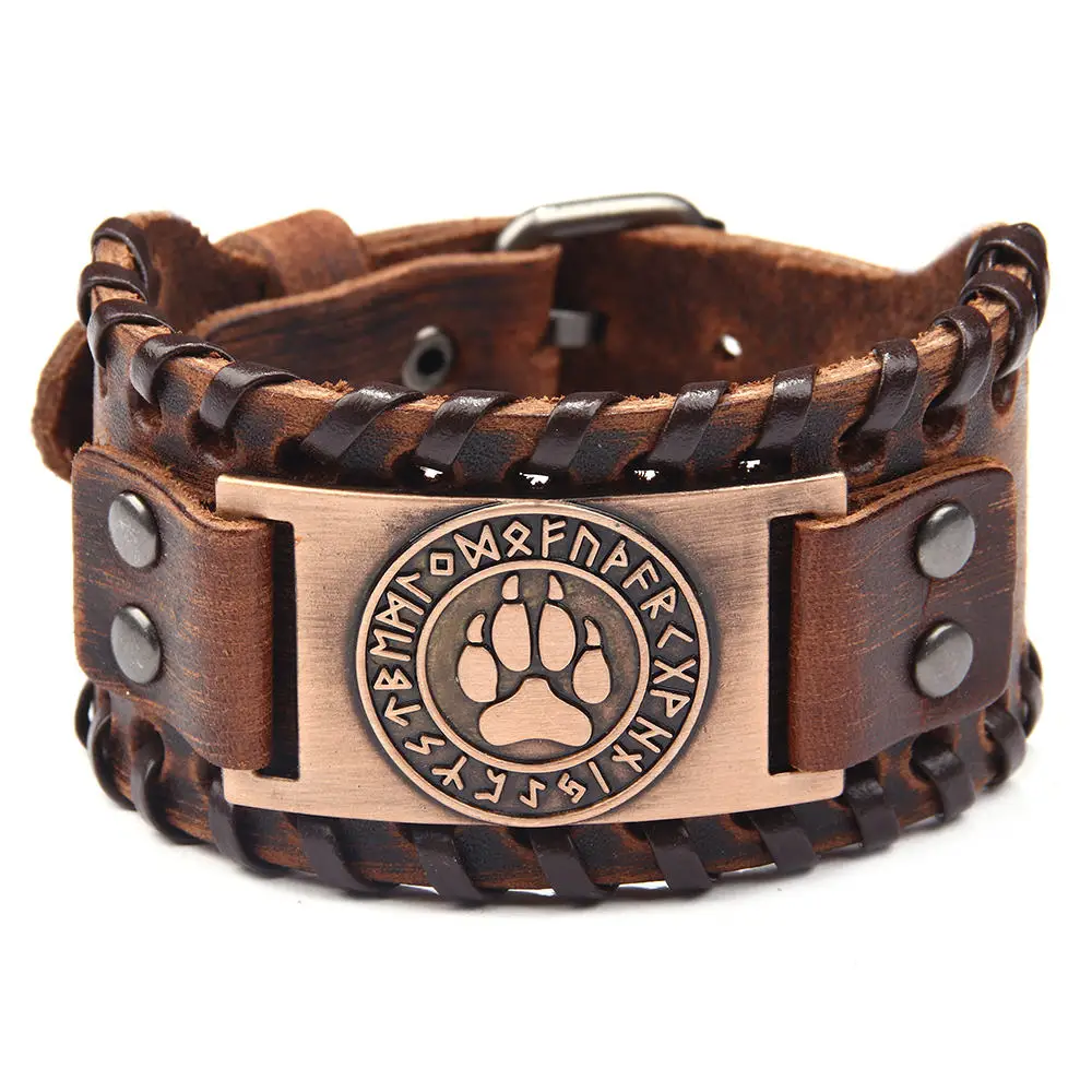 QNW2578 Brown Браслет-манжета из натуральной кожи с регулируемой металлической пряжкой Viking Compass Vegvisir для женщин и мужчин - Окраска металла: QNW2578 Brown