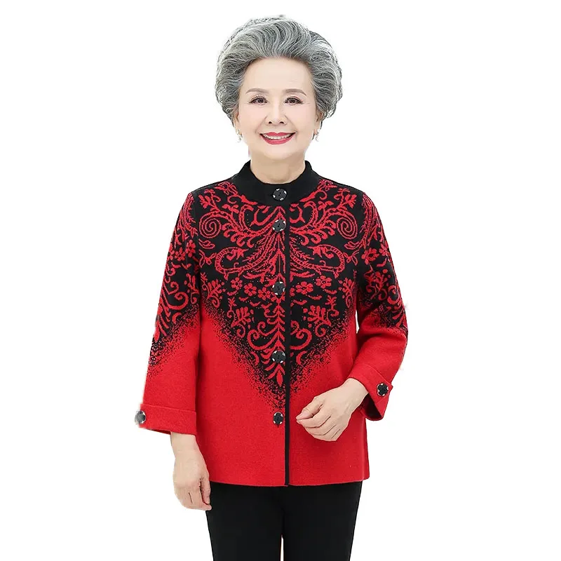 

Middle-Aged And Elderly Women's Sweater Knit Cardigan Grandma Spring And Autumn Jacket Female Nine-Sleeve Shirt Coat L345