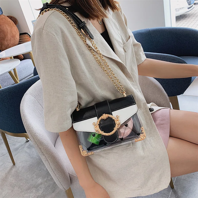 

Texture female 2019 new Korean version of double monkey catch gold lock buckle transparent small square bagChain contrast messe