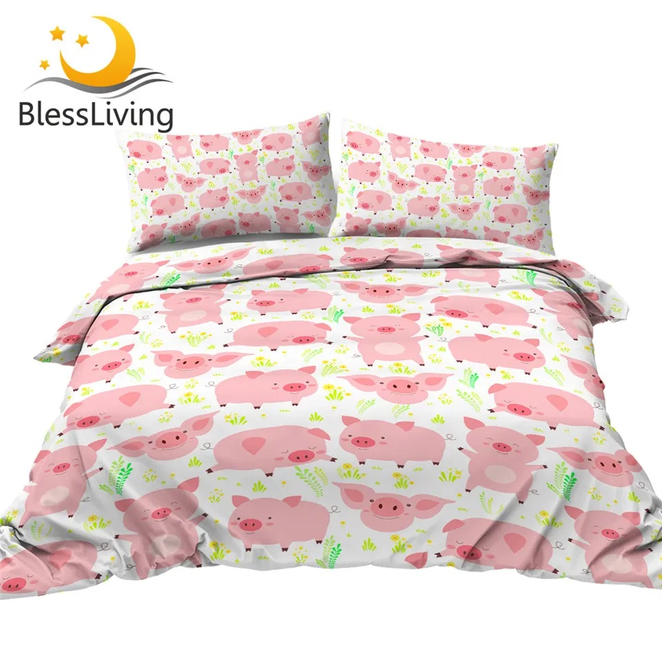 

BlessLiving Cheerful Pigs Bedding Set Pink Animal Bed Cover Cartoon Comforter Cover for Kids Funny Piglet Bedspread Leaf Bed Set