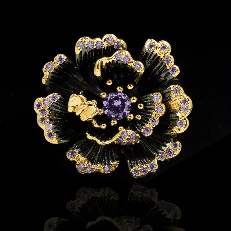 Exquisite Creative Blooming Flowers Stop Butterfly Ring Black Gold 925 Silver Jewelry Luxury Purple Shiny Zircon Ladies Ring silver ring,silver rings,rose flower ring,metal flower ring,enamel butterfly ring