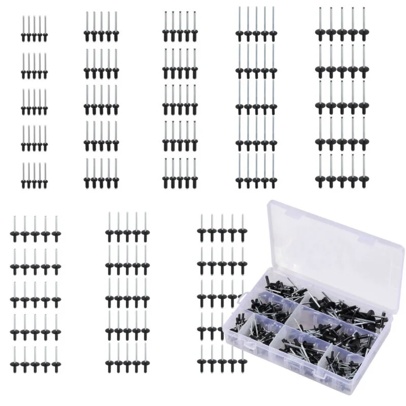 

200pcs/Set Assorted Black Rivets Blind Holes Standard And Large Flange 8-18mm