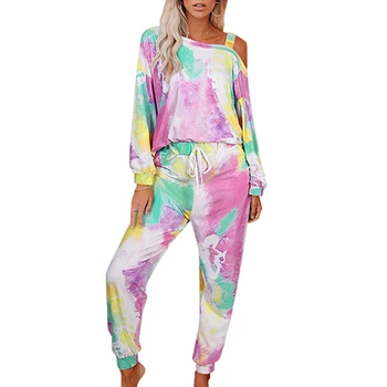 

Women Pajamas Set Long Sleeve One Shoulder top and Pants Two Piece Set Fashion Tie Dye Homewear Suit Pijamas