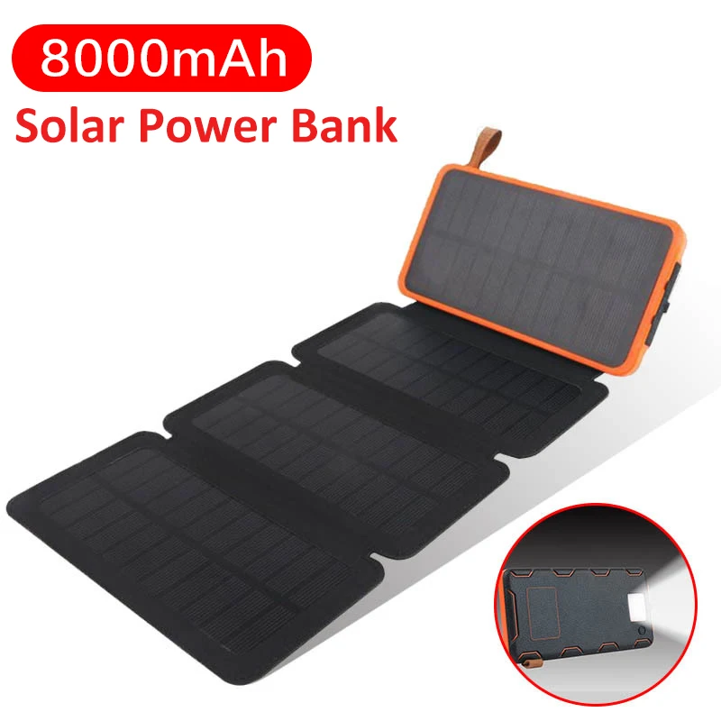 portátil dobrável banco de energia solar bateria externa powerbank carregador de telefone com sos led acampamento luz poverbank