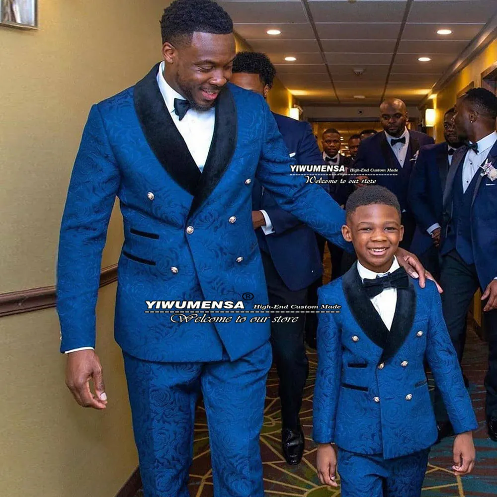 

Classic Royal Blue Jacquard Mens Wedding Suits Italian Design Black Peaked Lapel Blazers With Pants Trajes De Hombre Floral Coat