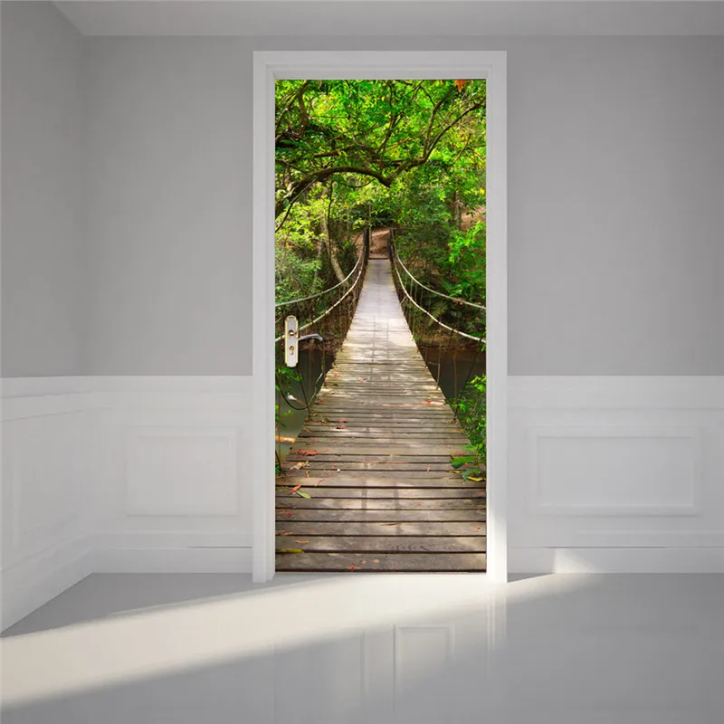 3D домашний декор для дверей наклейка самоклеющаяся лесная деревянная картина с мостом Печать Водонепроницаемая защита окружающей среды художественный плакат