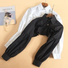 Women Puff Long Sleeve Half Top Blouse Ruffled Golden Button Detachable False Fake Collar Sweater Decorative Accessories