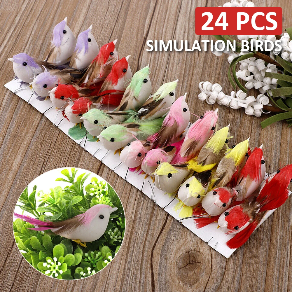 

Creative 24Pcs Mini Artificial Birds Emulation Ornament Feather Birds Models Wedding Party Home Handmade Decoration Figurines