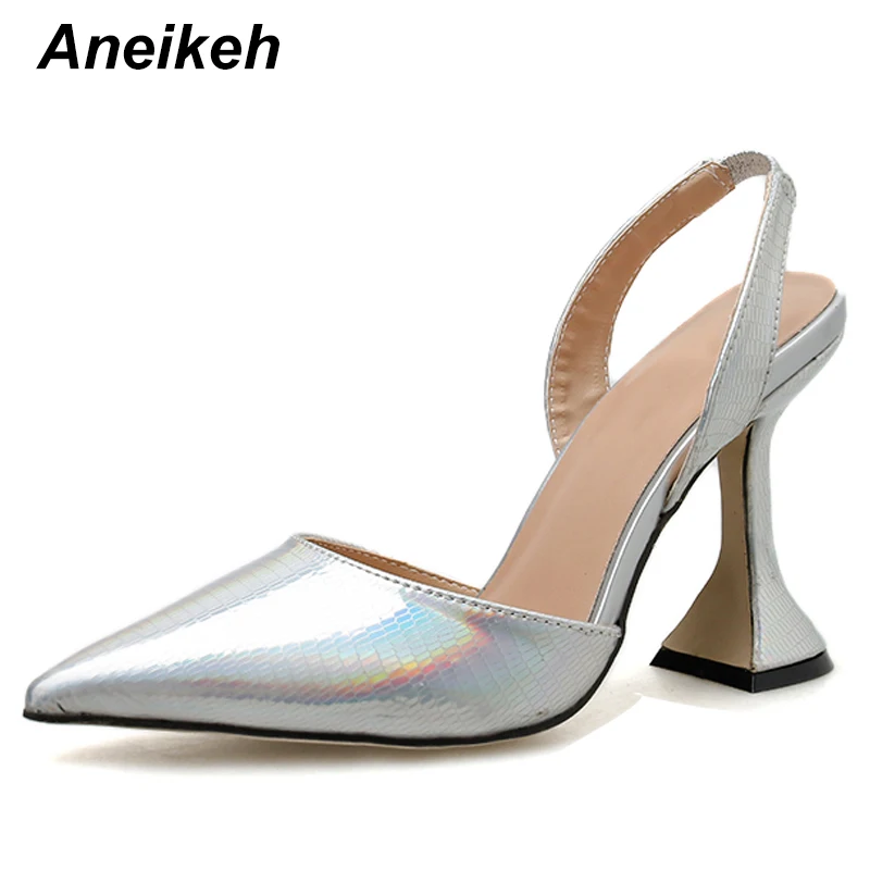 Aneikeh/Новинка; модные женские туфли-лодочки из искусственной кожи с блестками; элегантные свадебные туфли с острым носком на высоком каблуке; женские туфли-лодочки с ремешком на пятке; цвет золотистый
