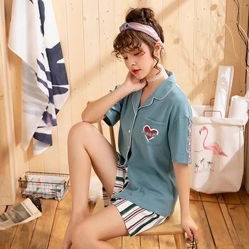 

Summer Fashion Short Sleeve 100% Cotton Shorts Pajama Sets for Women Korean Sleepwear Suit Outwear Homewear Pijama Mujer Clothes
