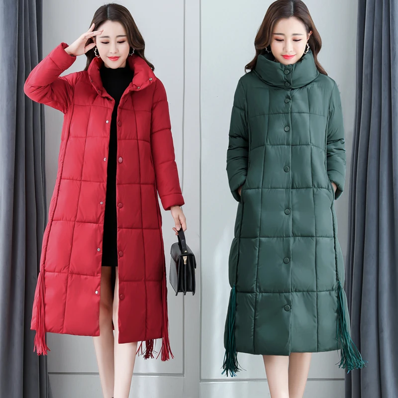 

Lingwave 2020 Winter Stand-Up Collar Long Coat Women Single-Breasted Slim Warm Tassel Decoration Cotton Padded Outerwear Female