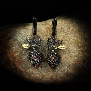 

CHARLINLIOL Real 925 Sterling Silver Flower Bud Dangle Earrings for Women Two Tone Black Gold Luxury Ruby Gemstone Ear Earrings