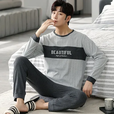 New spring and autumn men's pajamas two-piece pajamas knitted cotton casual loose boys home clothes fashion men's clothing best mens pajamas Men's Sleep & Lounge