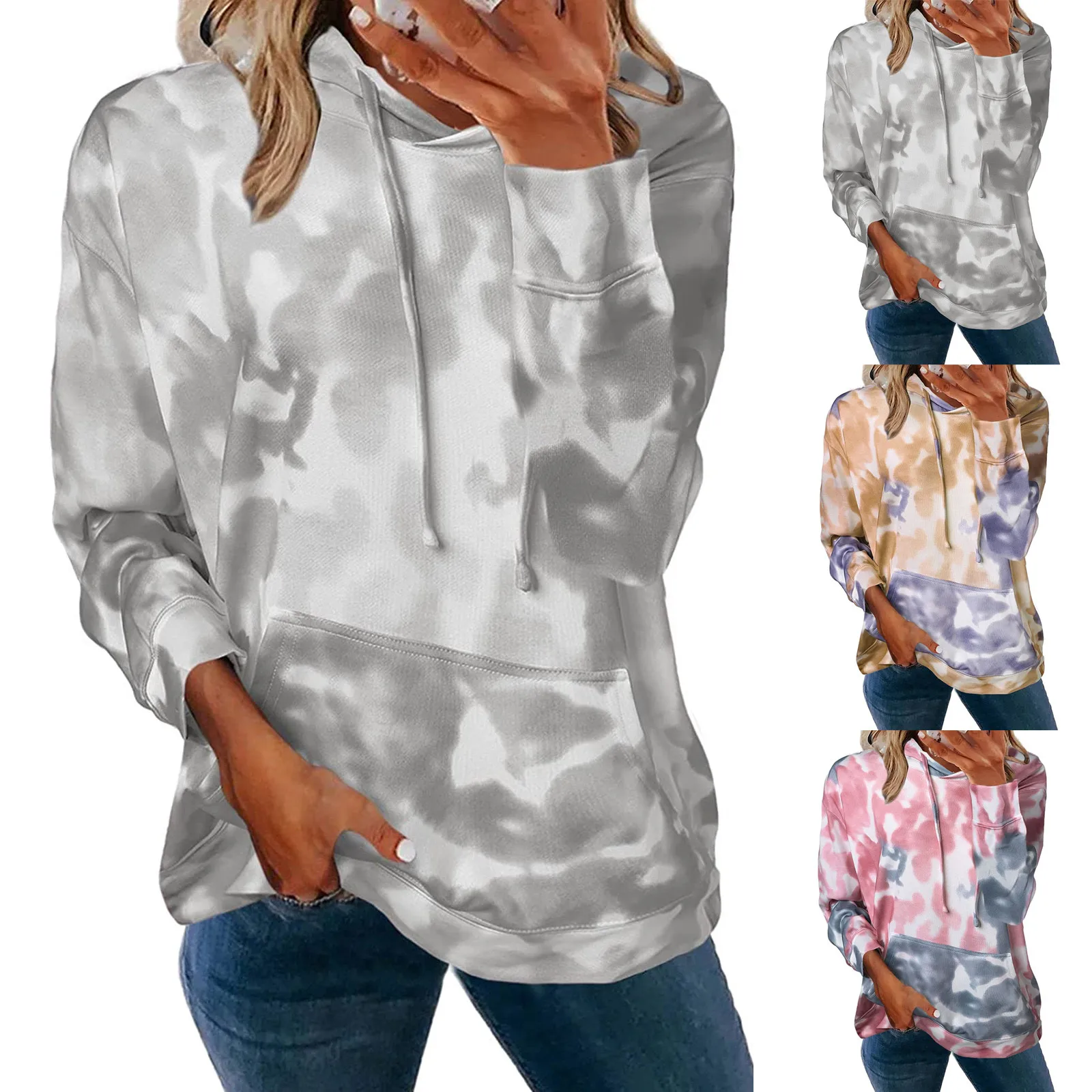 Women's Tie-dye Print Hoodies Long Sleeve Pocket Sweatshirts Spring Autumn Casual Loose Hooded Pullover Top Ropa Mujer#fs 2