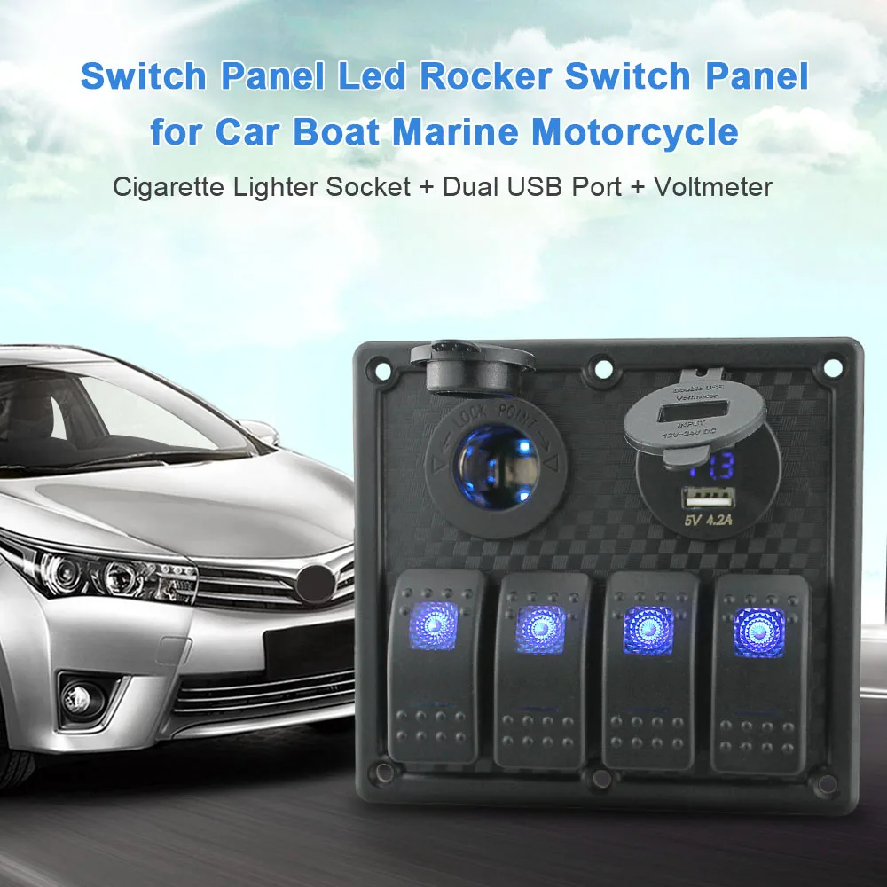 

Waterproof 4-Gang Toggle Switch Panel Led Rocker Switch Panel with Dual USB Port Voltmeter Cigarette Lighter Socket for Moto Car