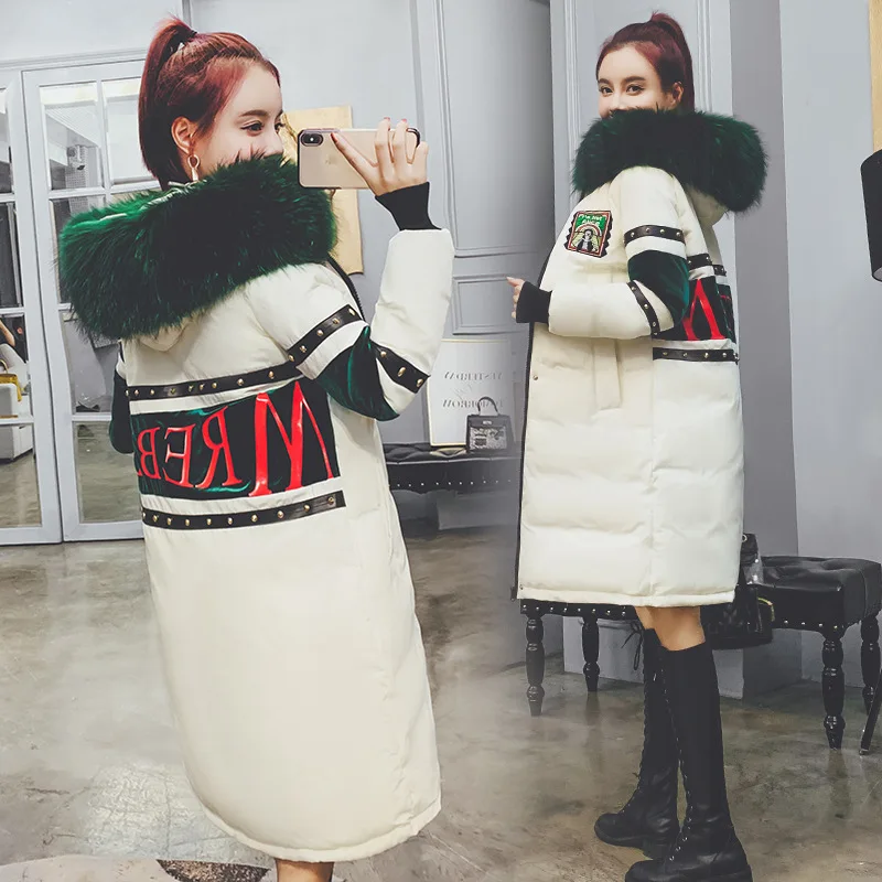 

2019 Winter New Style Korean-style Loose-Fit Large Fur Collar Cotton-padded Clothes Women's Mid-length INS Cotton Coat Lettered