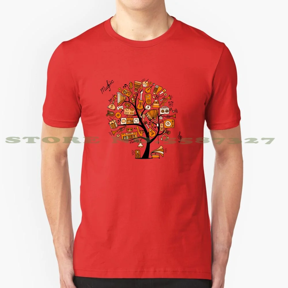 Music Tree Cool Design Trendy T-Shirt Tee Balalaika Radio Fisarmonica Record Colonna Cuffie Tromba Player Chitarra Tunica