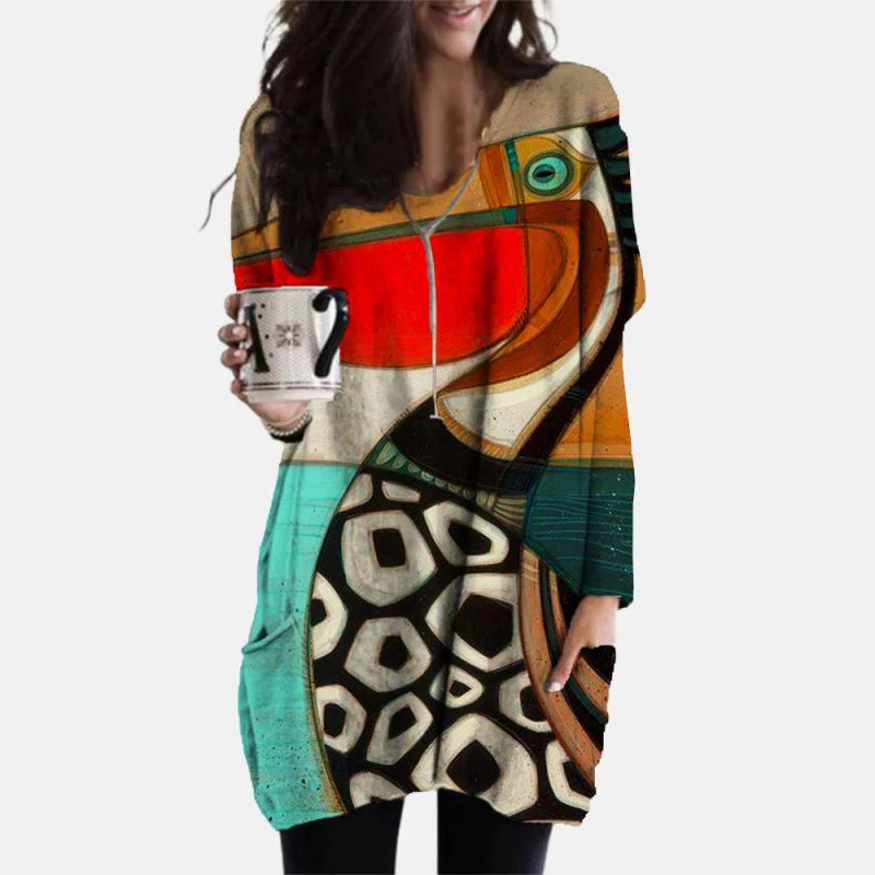 Vestido corto recto informal de talla grande para primavera y otoño, minivestido bohemio con cuello redondo y bolsillos para mujer, nuevo estampado de talla grande 5XL, 2020