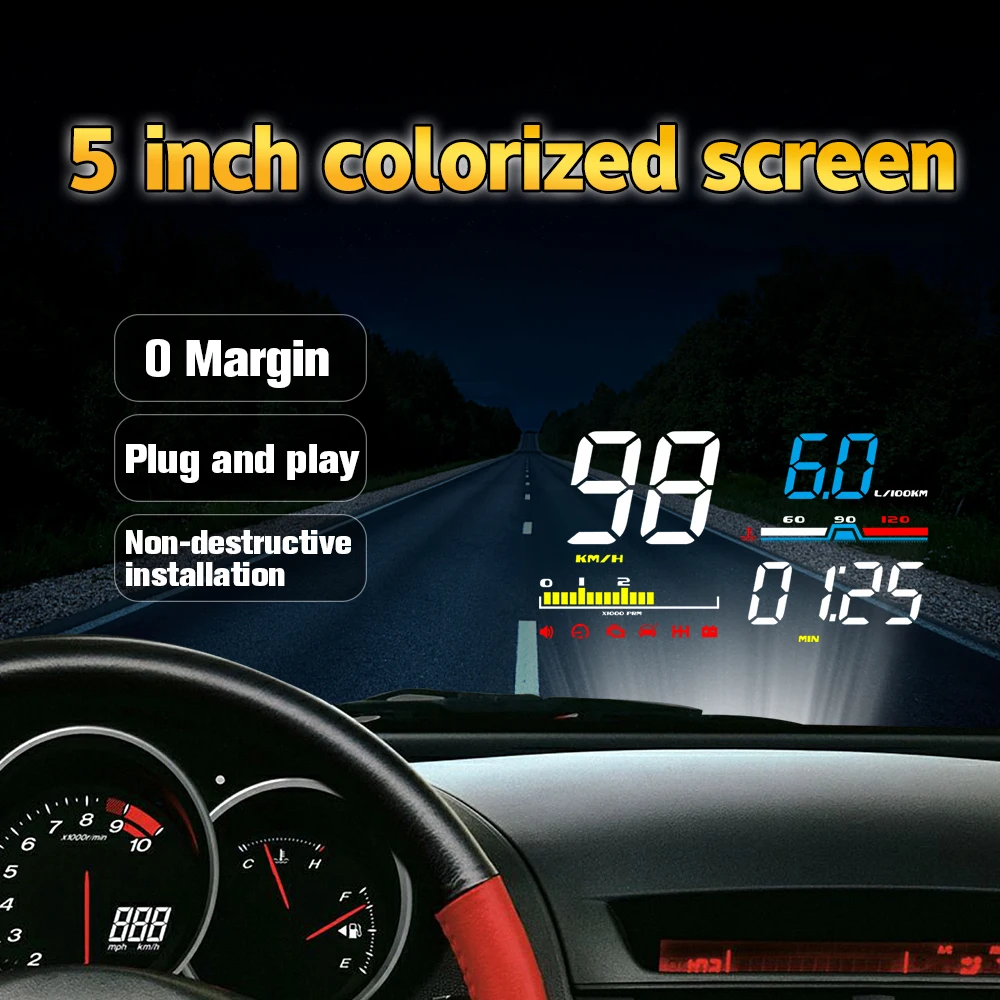 5 Inch OBD2 Speedometer Head Up Display Digital Speed RPM Fuel Consumption Driving Time With Alarm Windshield Projector D5000