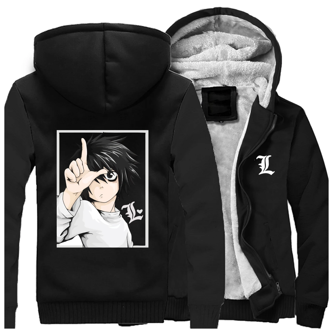 Death Note Anime Pattern Male Hoodies Hot Sale Japanese Anime Printed Mens Jacket New Popular Thick Streetwear Tracksuit - Color: Black