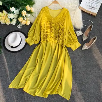 

chiffon women dresses solid A-line solid pleated lady elegant loose dresses top quality
