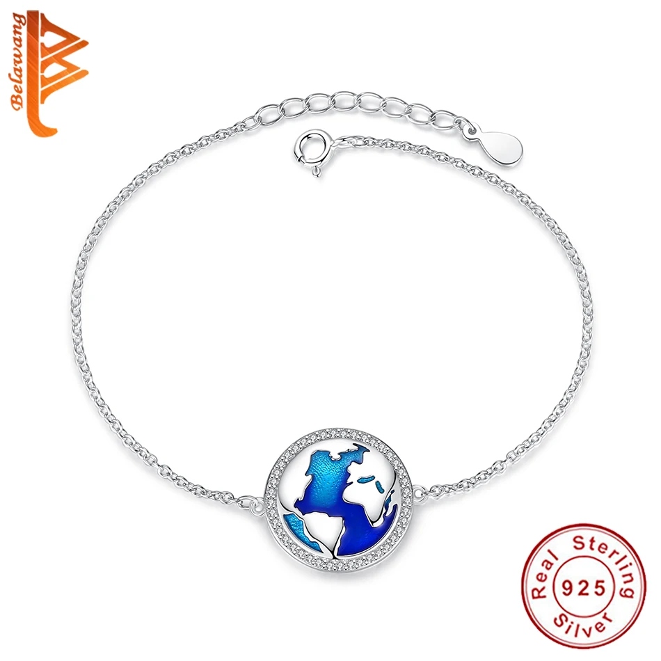 Новая мода карта мира Голубая Эмаль 925 пробы Серебряный браслет для женщин Подарок на годовщину День благодарения ювелирные изделия на год