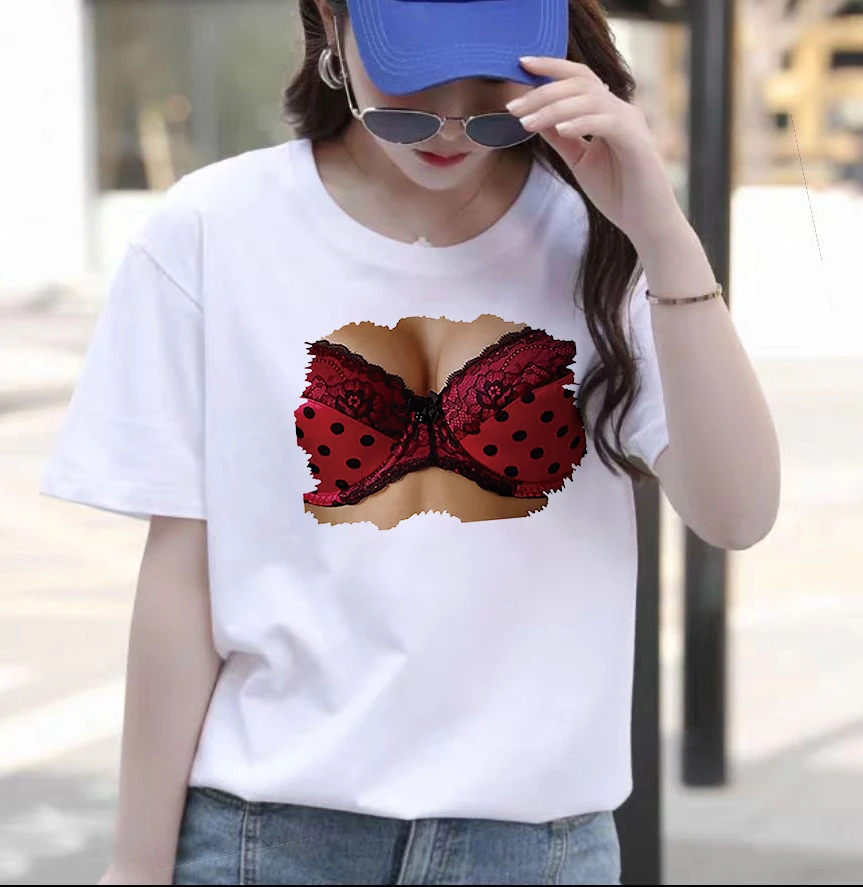 

Sexy fashion T-shirt personalized spoof breast print short sleeve top red underwear print T-shirt
