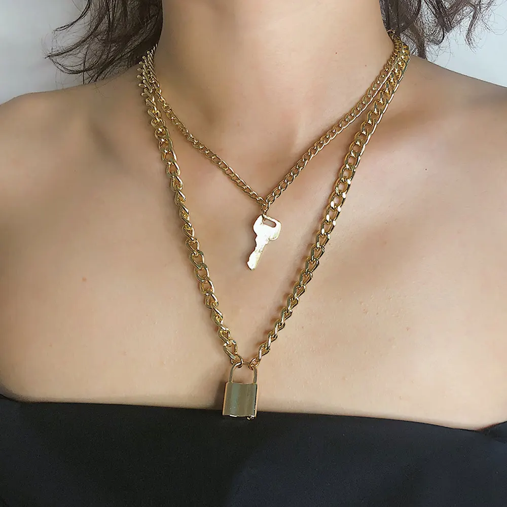 

Zoeber Gold/Silver Lock Necklace Layered Chain on the Neck With Lock Fashion Key Padlock Pendant Necklace for Women Jewelry