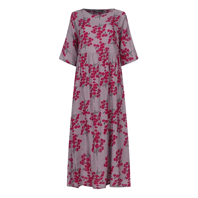1 Gray Floral Плюс размер женское летнее платье с принтом ZANZEA повседневное цветочный сарафан с коротким рукавом макси Vestidos женское плиссированное платье Femme 5XL - Цвет: 1 Gray Floral