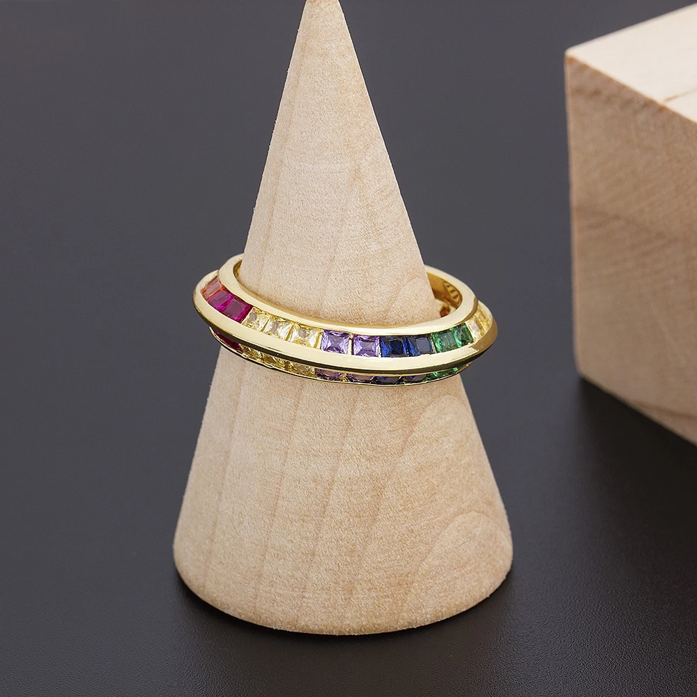 Geometric Luxury Boho Rainbow Copper Cubic Zirconia Ring For Women Charm Crystal Rings Fine Party Wedding Jewelry