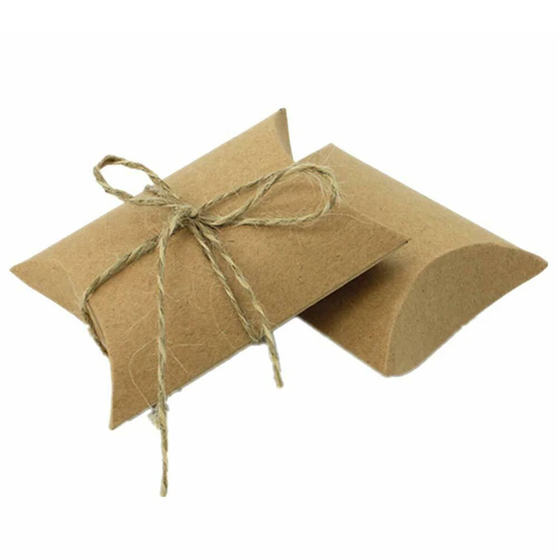 

100pcs Kraft Paper Pillow Box Wedding Candy Favor Boxes Set With Jute Twine Celebrations Graduations Banquets Invitation