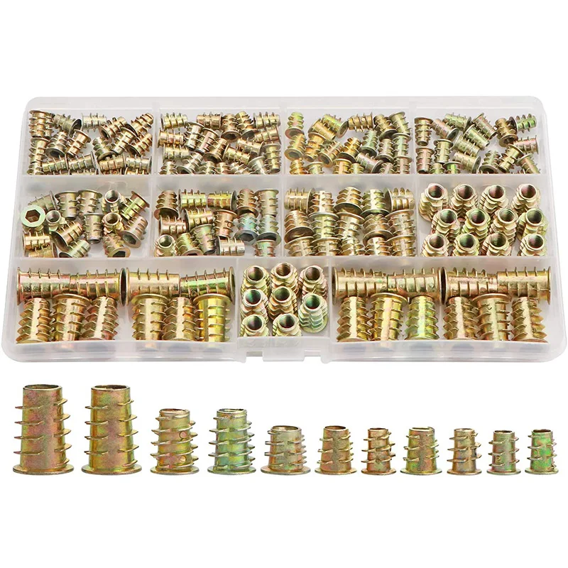 PGMJ 130 Pieces 7 Size M4/M5/M6/M8/M10 Metric Threaded Inserts Nuts Assortment Tool Kit for Wood Furniture Zinc Alloy Furniture Bolt Fastener Connector Hex Socket Screw Inserts 