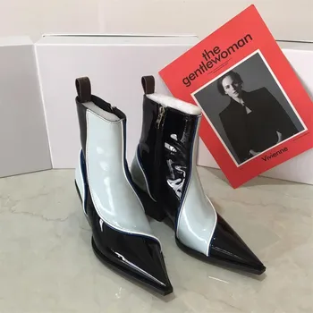 

Women Boots Mixed Color Femmes Bottes Leather Buty Damskie Winter Zapatillas Mujer Med Heels Woman Shoes Luxury Botas De Mujer