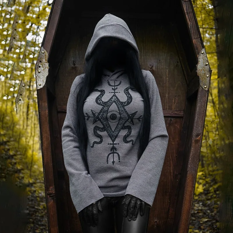 

NCLAGEN Gothic Dark Printed Hooded Sweatshirt Knitted Punk Grunge Fitness Hoodies 2020 Autumn Winter Women Harajuku Pullover