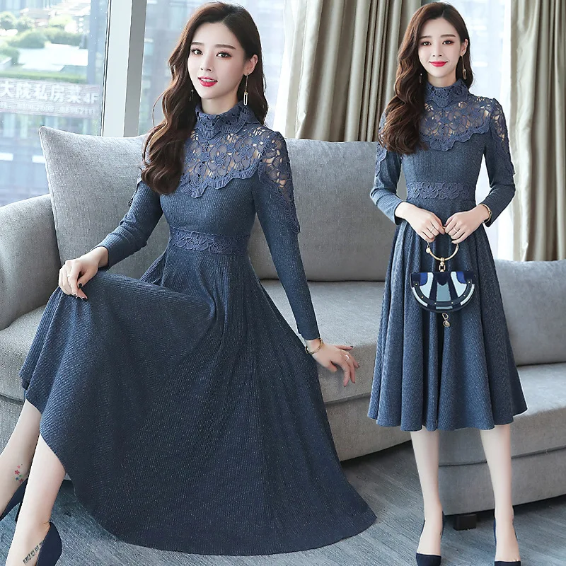 

2019 Autumn And Winter New Style Korean-style High Collar Waist Hugging over-the-Knee Base Long Sleeve Big Hemline Lace Splicing
