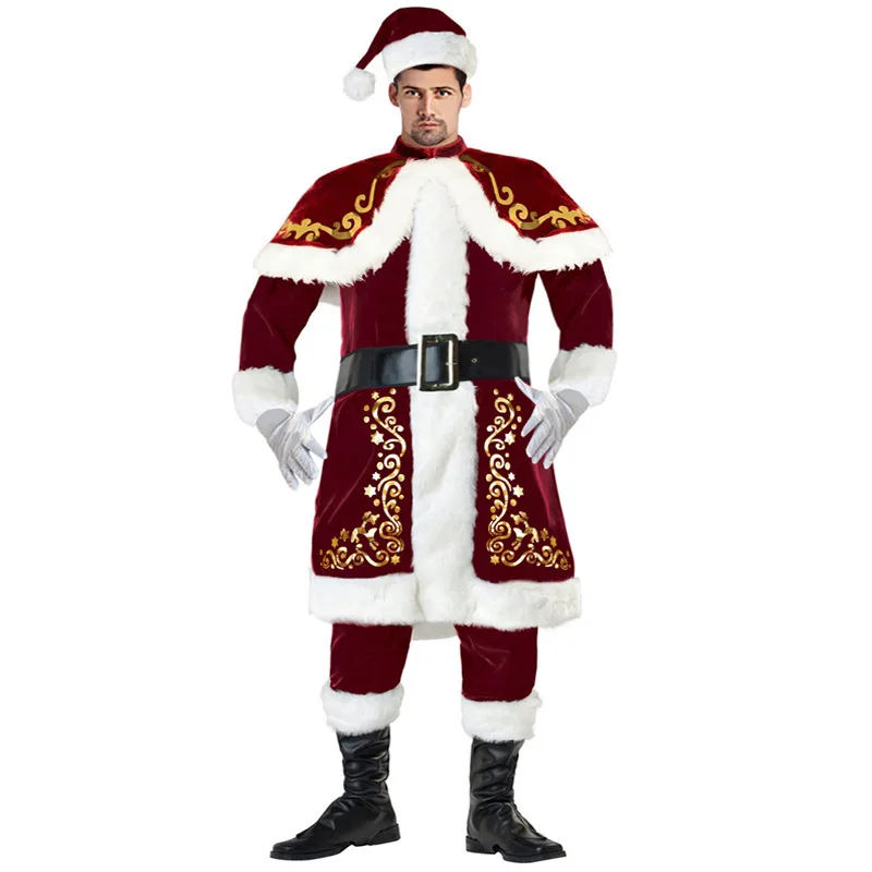 9 шт., мужские рождественские костюмы Санта-Клауса для взрослых, Красная рождественская одежда, костюм Санта-Клауса, роскошный женский костюм, костюм с бородой и колокольчиком