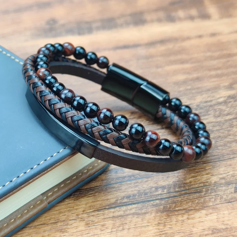 Blue Stone Bracelet Genuine Blue Leather Braided Bracelet Stainless Steel Magnetic Clasp Tiger Eye Bead Bangles Men Jewelry bracelet jewelry