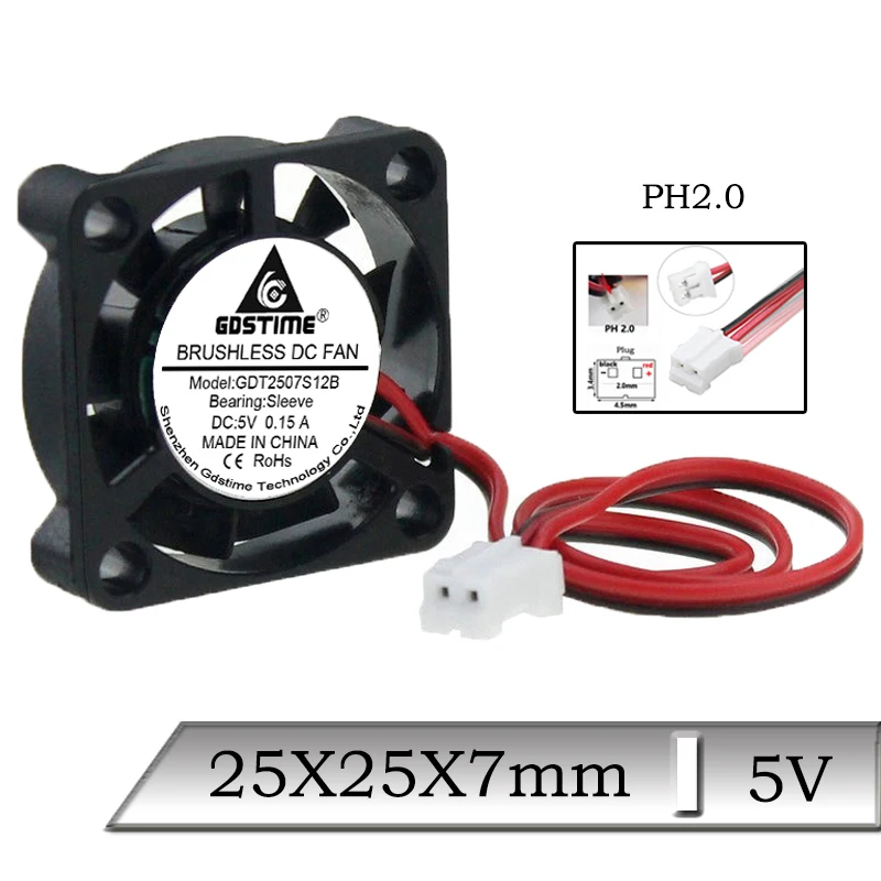 

1pcs Gdstime 5V 25x25x7mm 25mm Mini PH2.0 Brushless DC Cooling Fan 25x7mm 2.5cm Computer CPU 3D printer Cooler