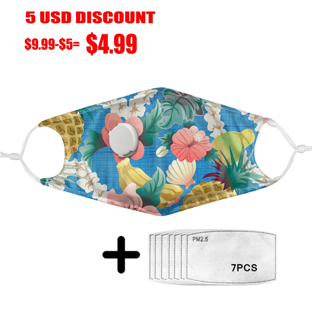 

Mask Mouth Tropical Plant And Fruit Pattern Men Face Mask With Breath Valve And 7pcs PM2.5 Filter Paper Unisex Mascara De Boca