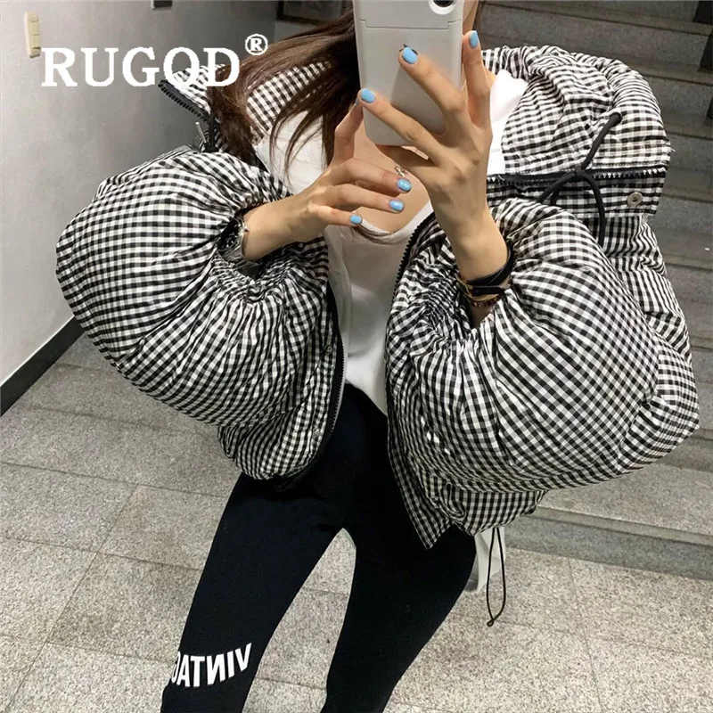 Пуховик женский RUGOD, модное зимнее пальто с капюшоном и рукавами-фонариками, Женская Корейская винтажная клетчатая зимняя куртка с хлопковой подкладкой, короткая куртка на молнии, парка пуховик женский