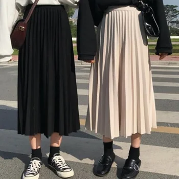 

Solid Simple Pleated Casual Loose Ealstic High Waist College Wind 2020 Summer Spring New Women Female Skirts