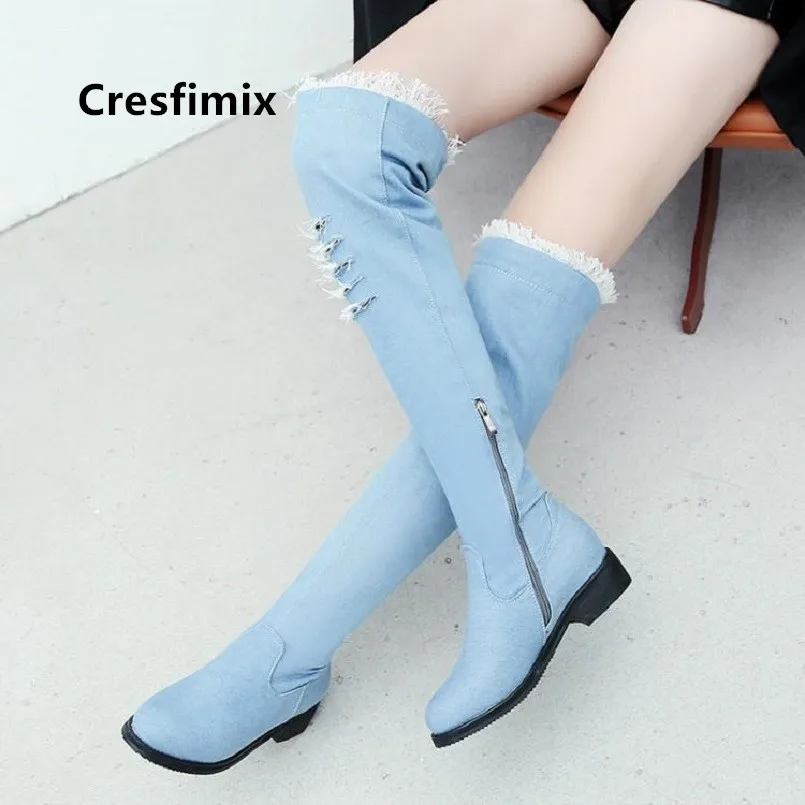 Bottes Femmes Chaussures Femmes Для женщин Модный небесно-голубой высокое качество полусапожки визуально увеличивающие рост; Модные женские босоножки темно-синие джинсы Высокие зимние сапоги G6095