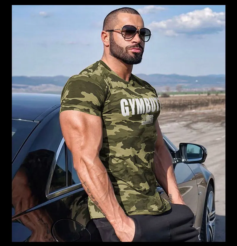 

Men Camo Gym Fitness Shirt Running T Shirt Short Sleeve Bodybuilding Sportswear Jogging Clothes Training Workout Tee Tops Tshirt