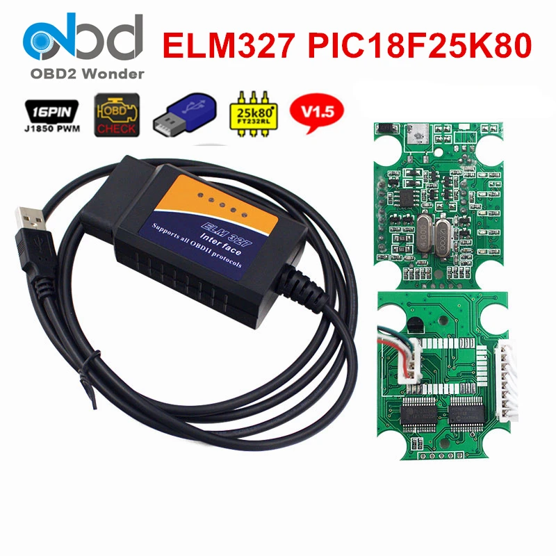 Elm327 Obd 2 Usb 1.5 Autós Diagnosztikai Eszköz Elm 327 Pic18F25K80 Hardver V1.5 Autó Kódolvasó Támogatása Az Összes Obdii Obd2 Protokollok