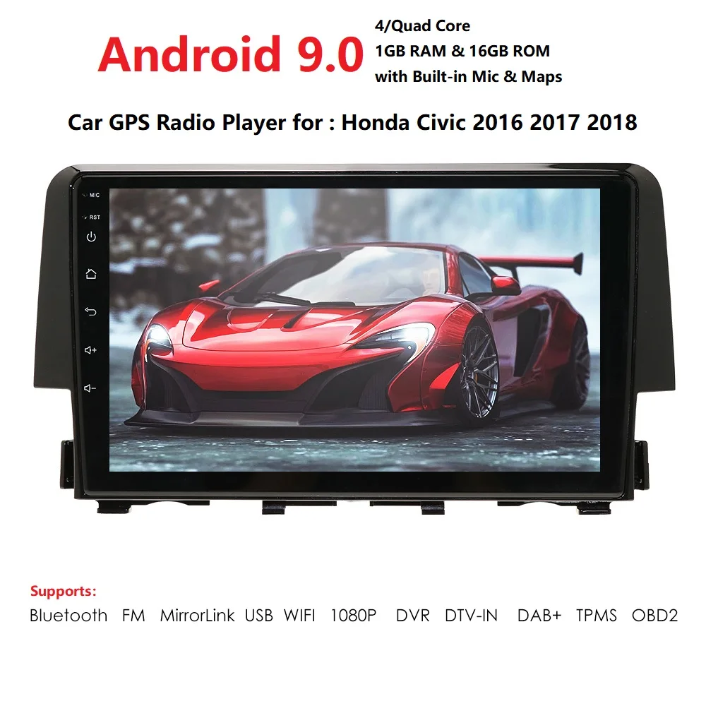 Perfect Ossuret Car Multimedia Player Quad Core Radio For Honda Civic 2016 2017 2018 Android 9.0 USB BT PC SWC 4G WIFI Bluetooth SWC DAB 4