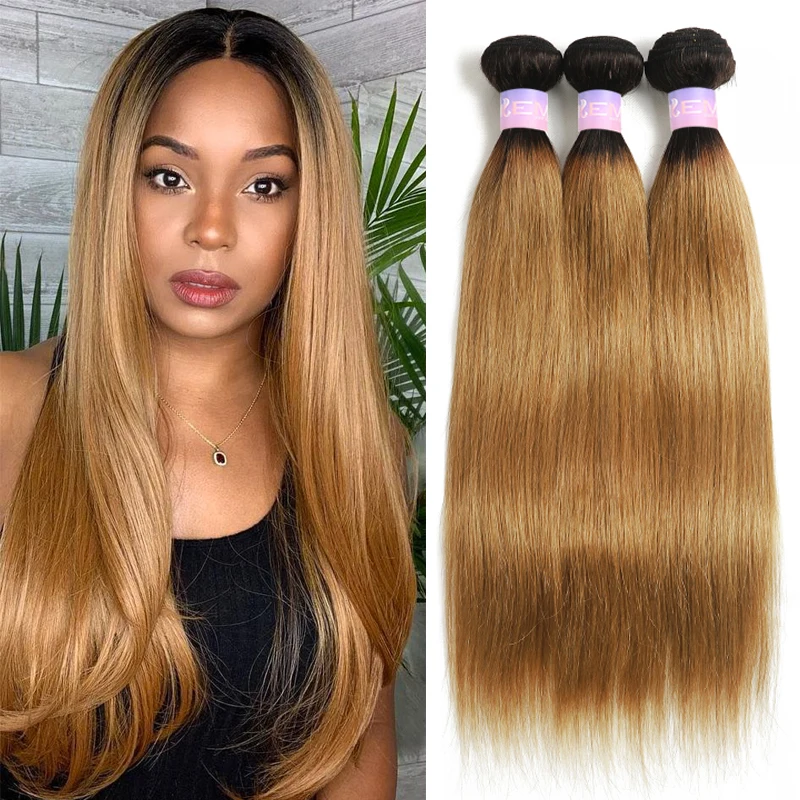 Brazilian Straight Human Hair Bundles Ombre Brown 1B 27 Colored Human Hair Weave Bundles For Women Remy Hair 1/3/4 Bundle Deals